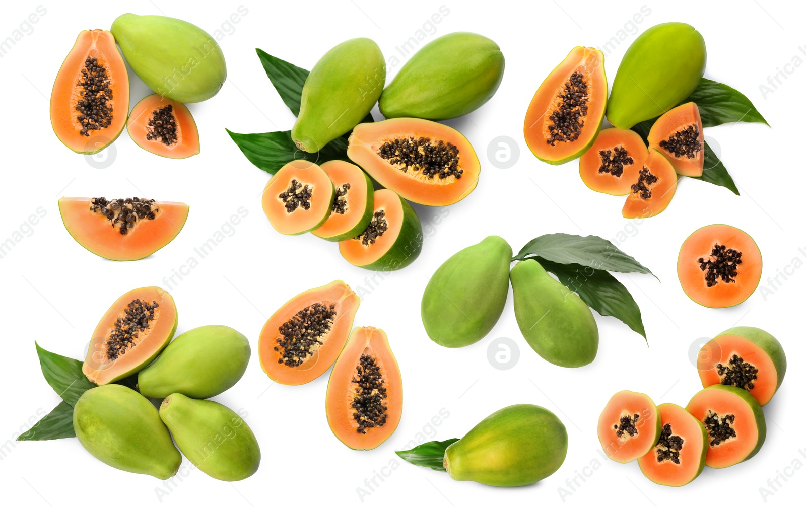 Image of Set with fresh ripe papaya fruits on white background, top view