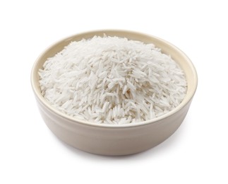 Photo of Raw basmati rice in bowl isolated on white