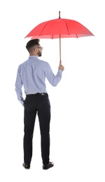 Businessman with red umbrella on white background, back view