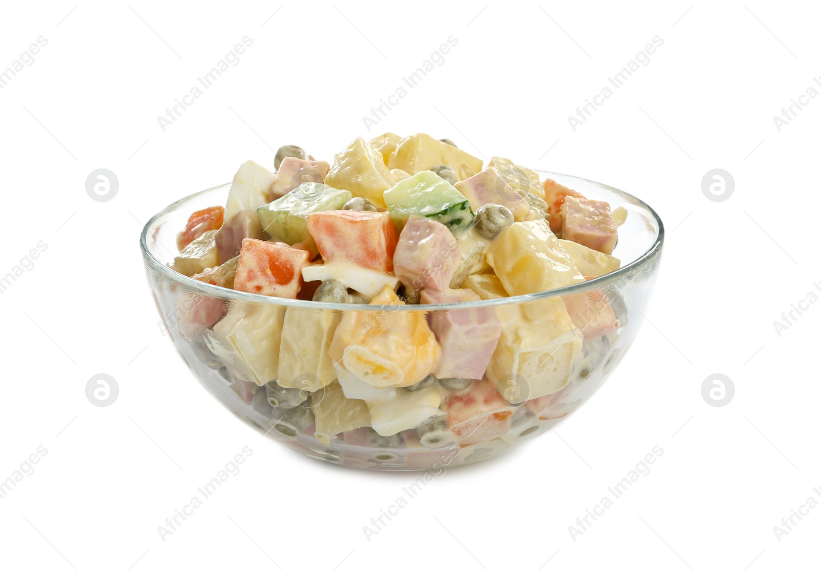 Photo of Delicious russian salad Olivier on white background