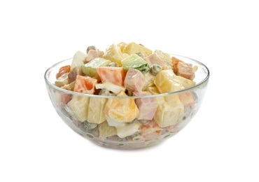 Photo of Delicious russian salad Olivier on white background