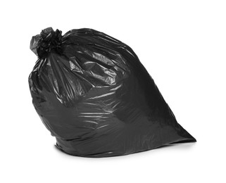 Photo of Black trash bag filled with garbage isolated on white