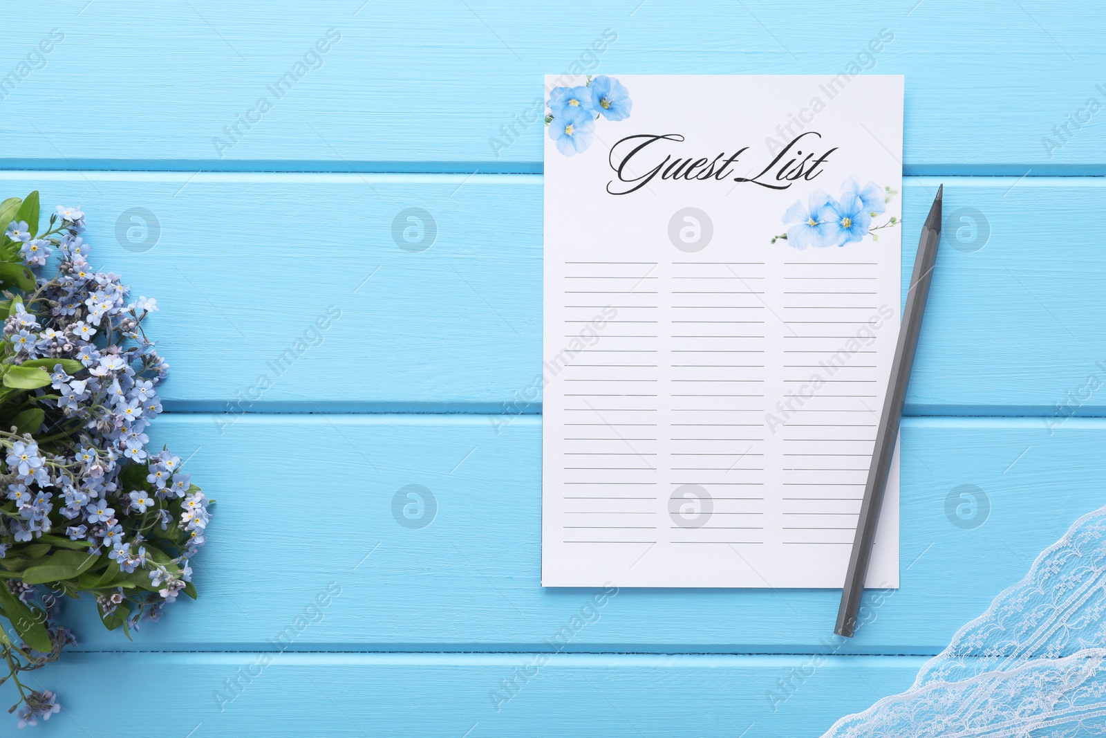 Photo of Guest list, pencil and flowers on light blue wooden table, flat lay. Space for text