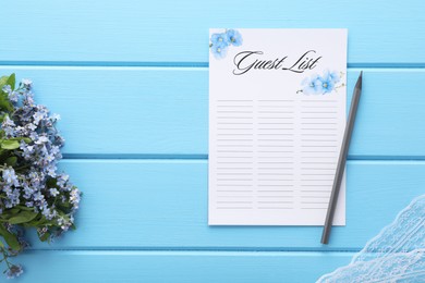 Guest list, pencil and flowers on light blue wooden table, flat lay. Space for text