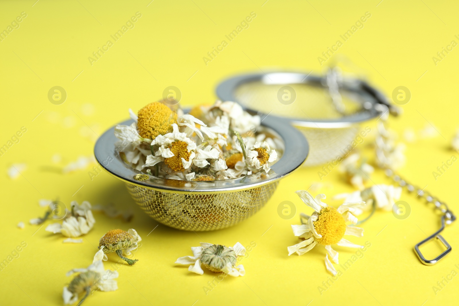 Photo of Dry chamomile flowers in infuser on yellow background, closeup