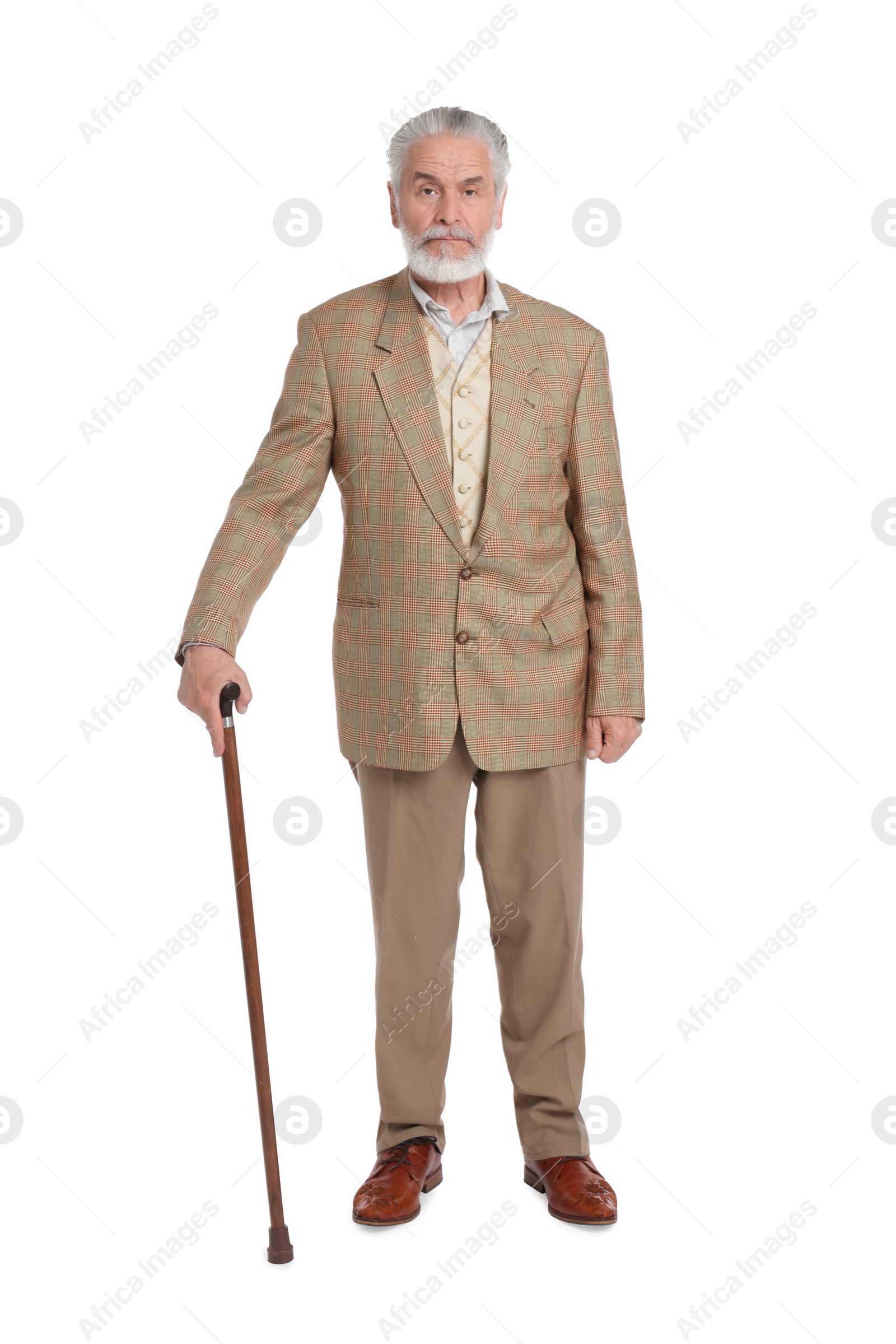 Photo of Senior man with walking cane on white background