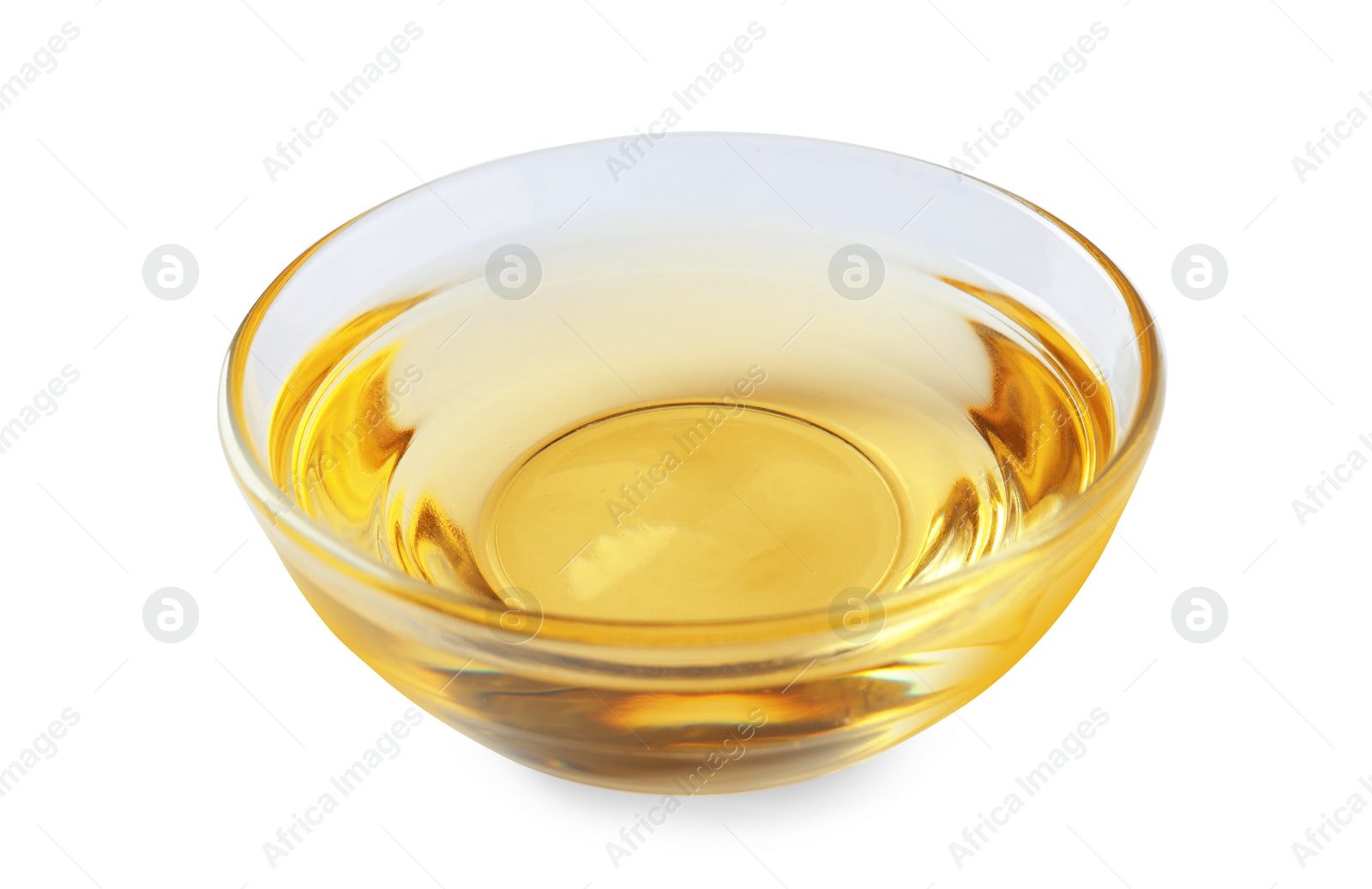 Photo of Glass bowl of cooking oil isolated on white