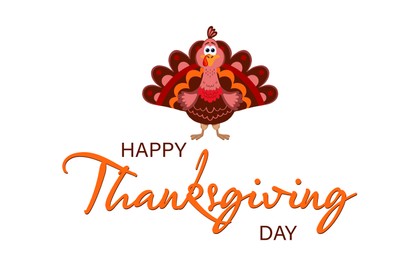 Illustration of Thanksgiving day card design.  turkey and text on white background