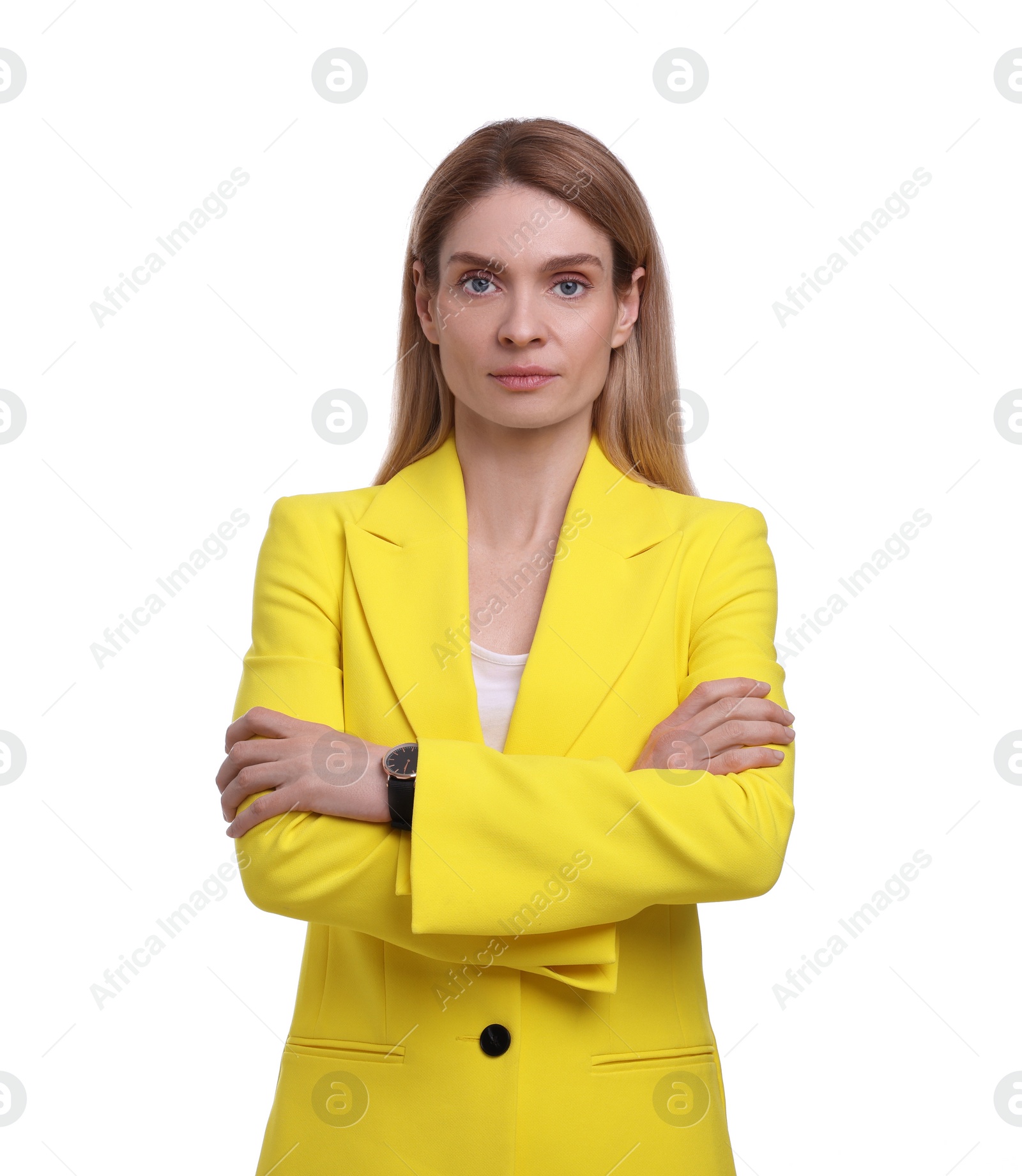 Photo of Beautiful businesswoman crossing arms on white background