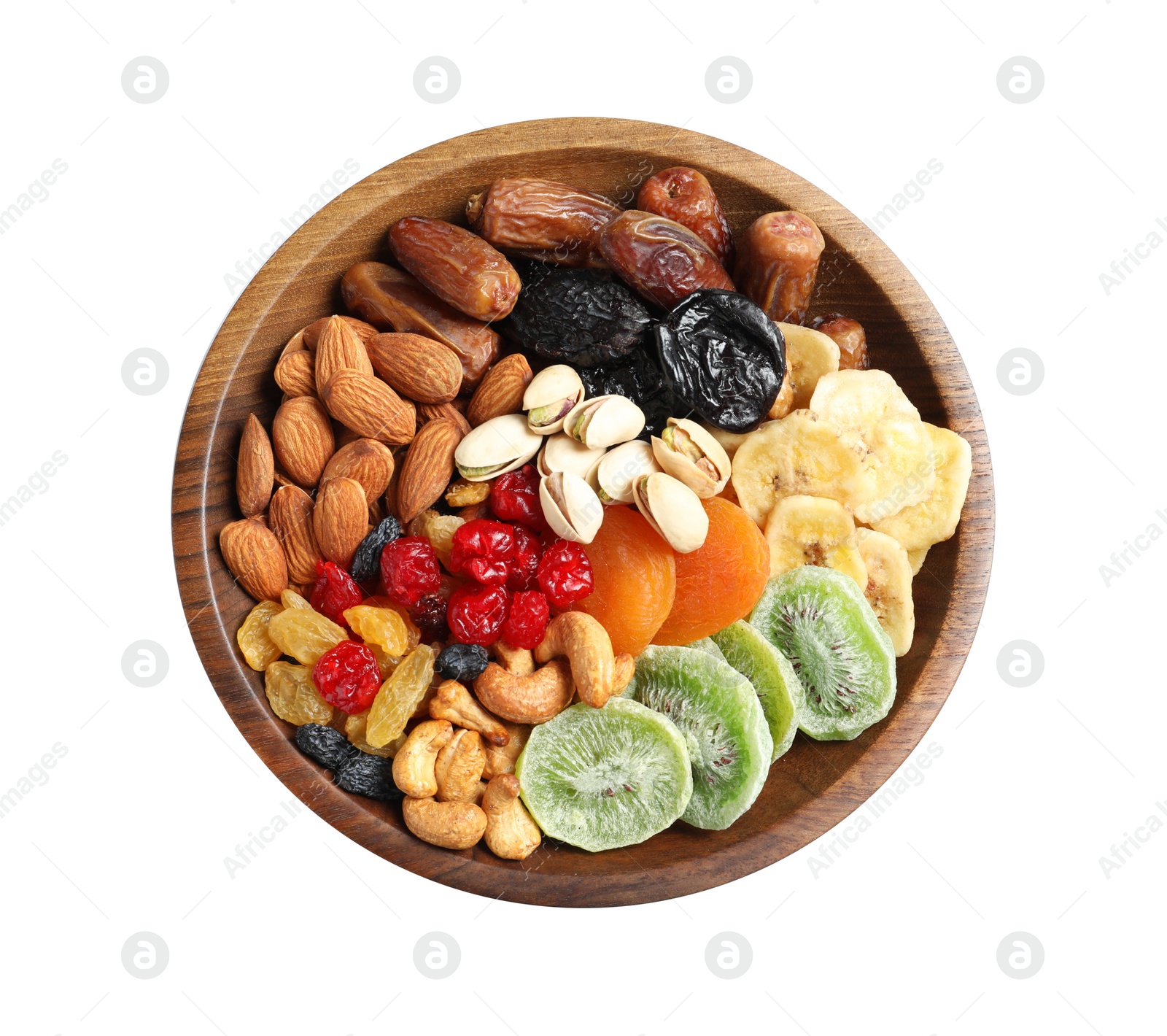 Photo of Bowl with different dried fruits and nuts on white background, top view