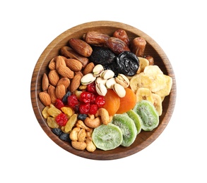 Bowl with different dried fruits and nuts on white background, top view