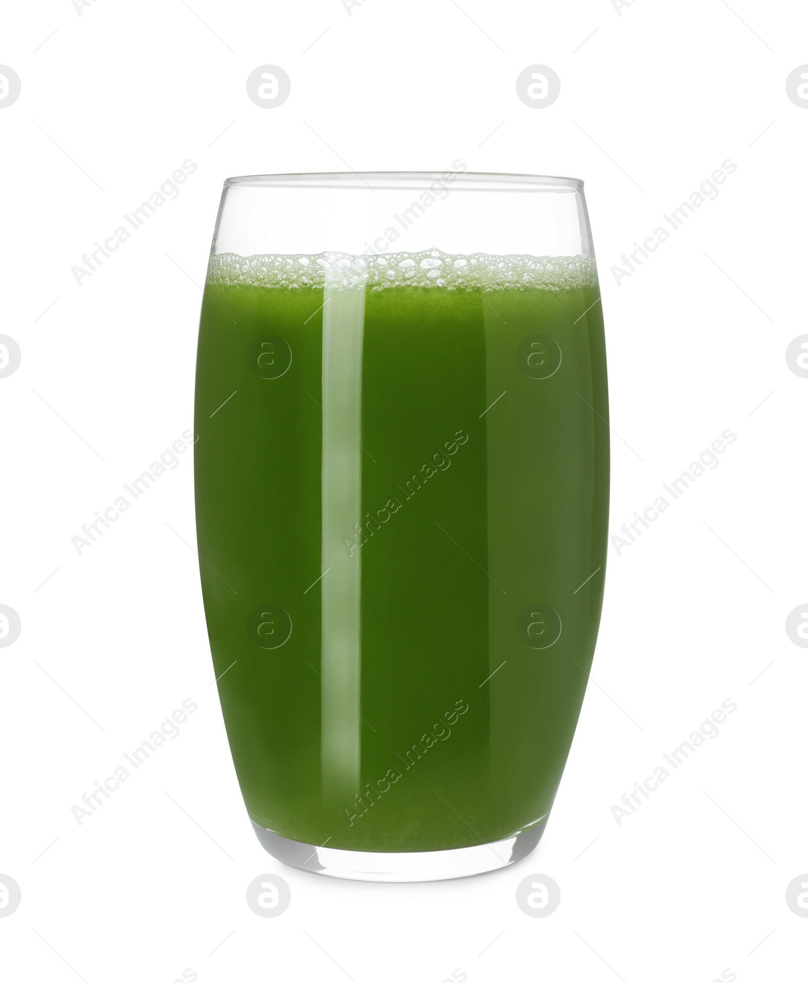 Photo of Glass of fresh celery juice on white background