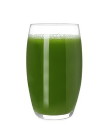 Photo of Glass of fresh celery juice on white background