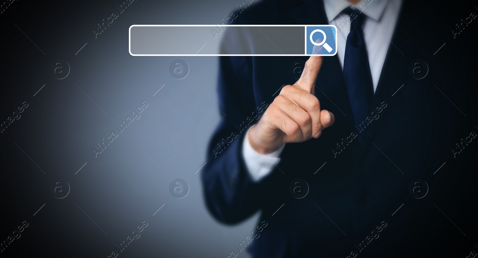 Image of Man pointing at search bar on virtual screen against dark background, closeup. Banner design