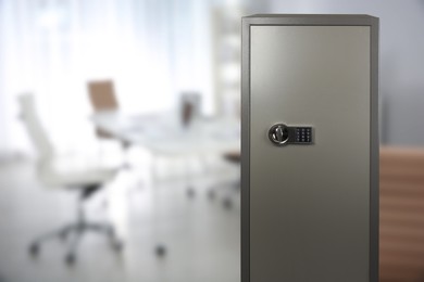 Image of Big steel safe with electronic lock indoors, Space for text