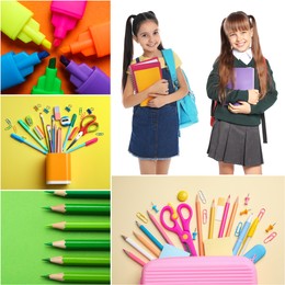Collage with photos of cute children and different stationery. Back to school