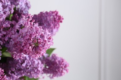 Photo of Beautiful lilac flowers near white wall, closeup. Space for text