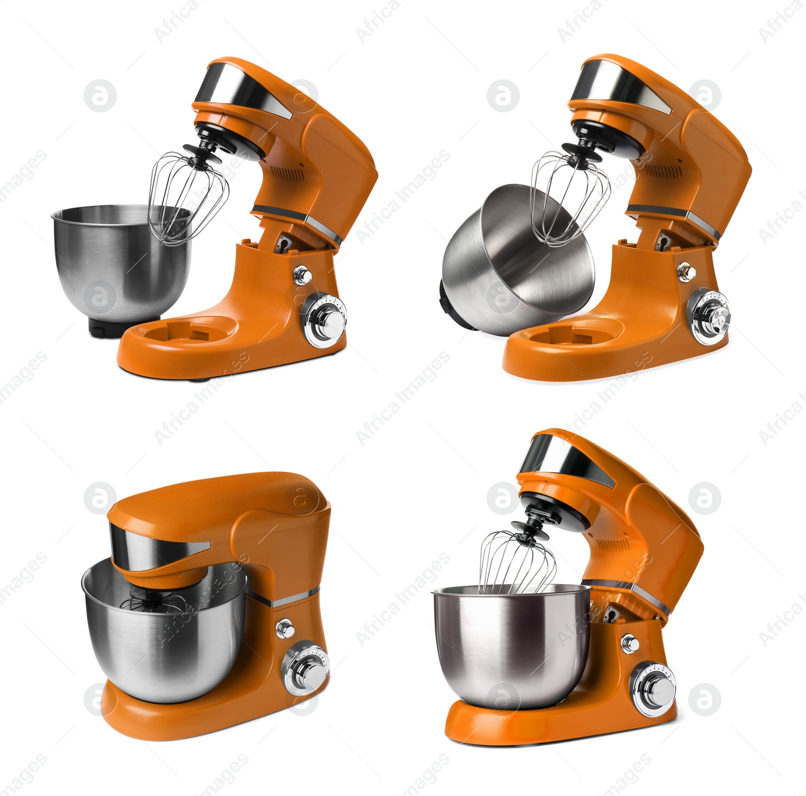 Image of Orange stand mixers isolated on white, set