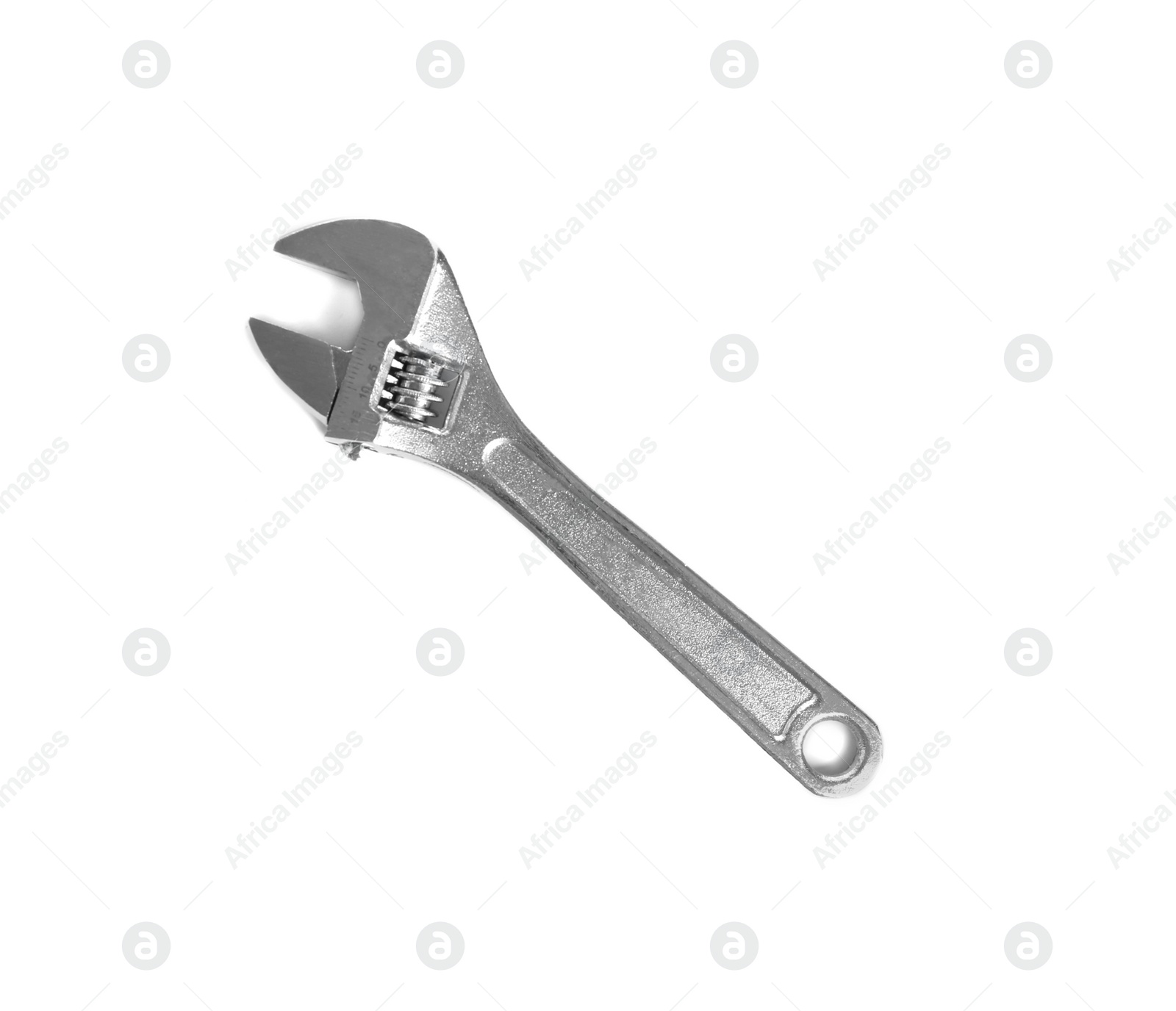 Photo of Adjustable wrench on white background, top view. Construction tools