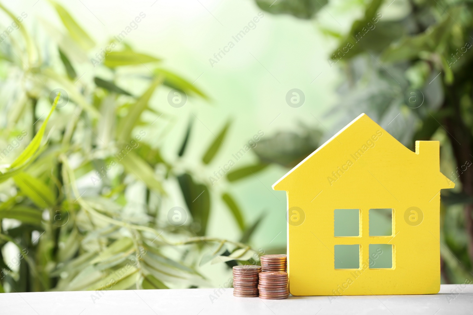 Photo of House figure and coins on table against blurred background. Space for text