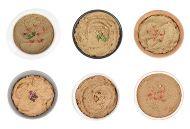 Image of Bowls with delicious liver pate on white background, top view. Collage