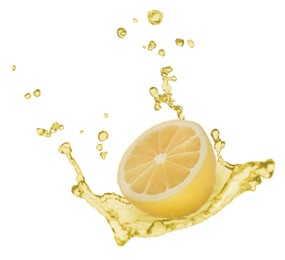 Image of Lemon and splash of juice on white background