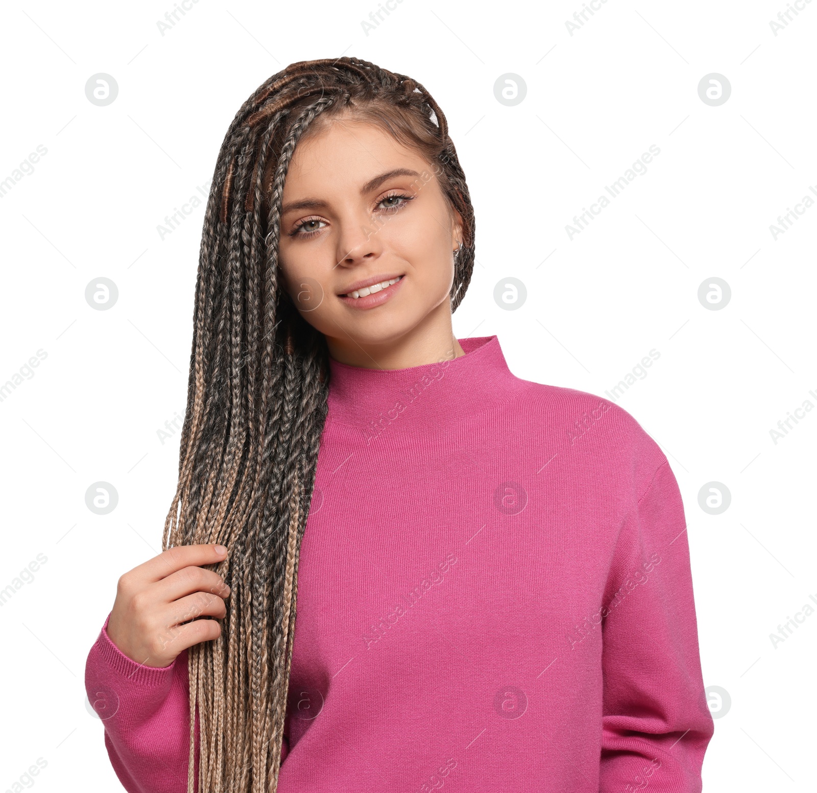 Photo of Beautiful woman with long african braids on white background