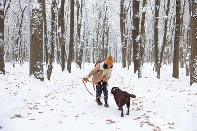 Woman walking with adorable Labrador Retriever dog in snowy park