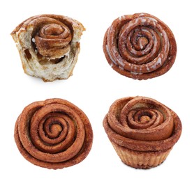 Image of Tasty cinnamon rolls isolated on white, set