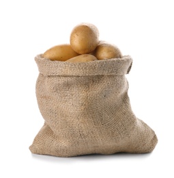 Sack with fresh ripe organic potatoes on white background