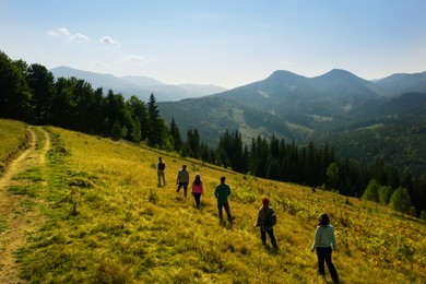 Image of Group of tourists walking on hill in mountains, back view. Drone photography