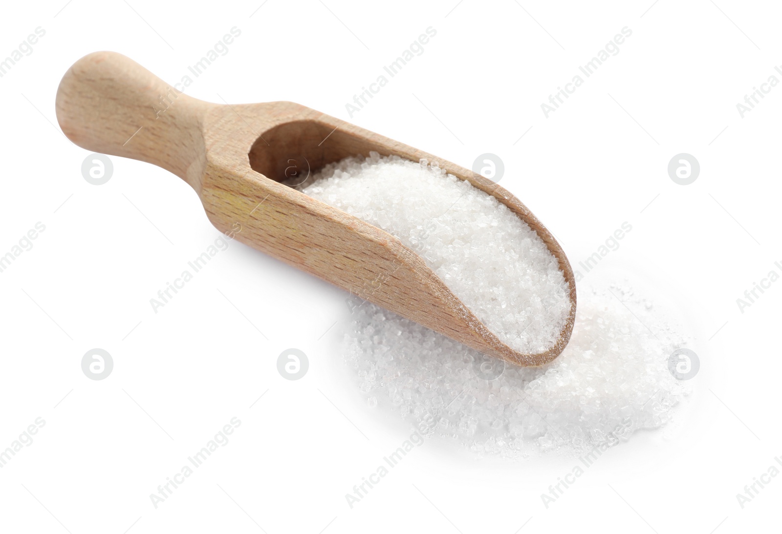 Photo of Wooden scoop and granulated sugar isolated on white