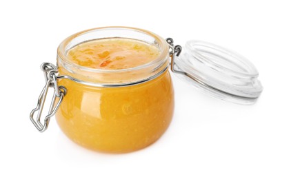 Delicious orange marmalade in glass jar isolated on white