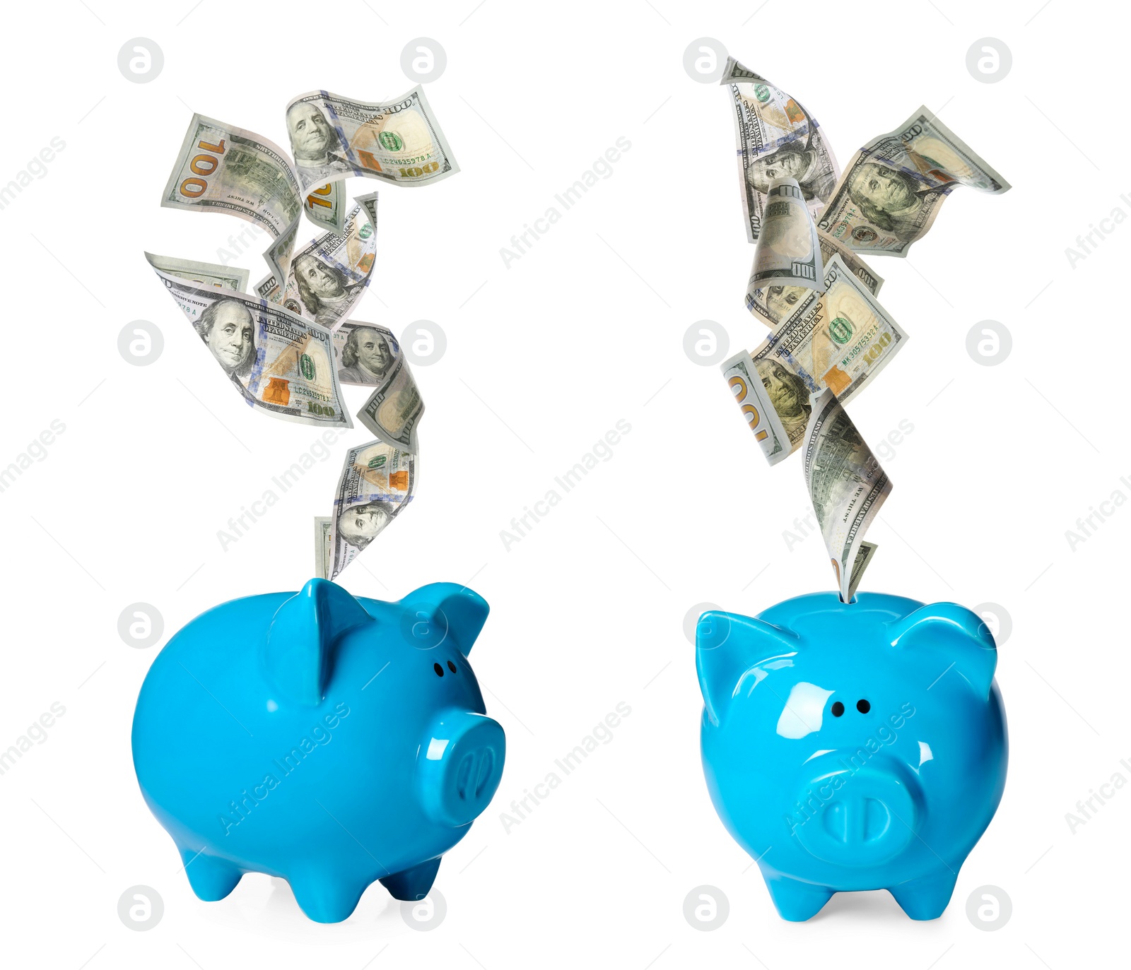 Image of Money falling into different piggy banks on white background