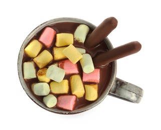 Photo of Cup of delicious hot chocolate with marshmallows isolated on white, top view