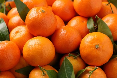 Photo of Delicious tangerines with leaves as background, closeup