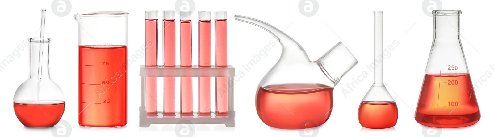 Image of Set of laboratory glassware with red liquid on white background. Banner design