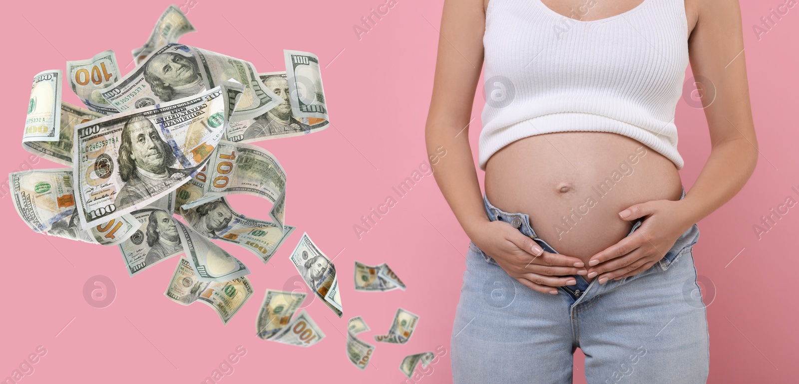 Image of Surrogate mother and flying money on pink background, closeup. Banner design