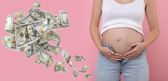 Image of Surrogate mother and flying money on pink background, closeup. Banner design