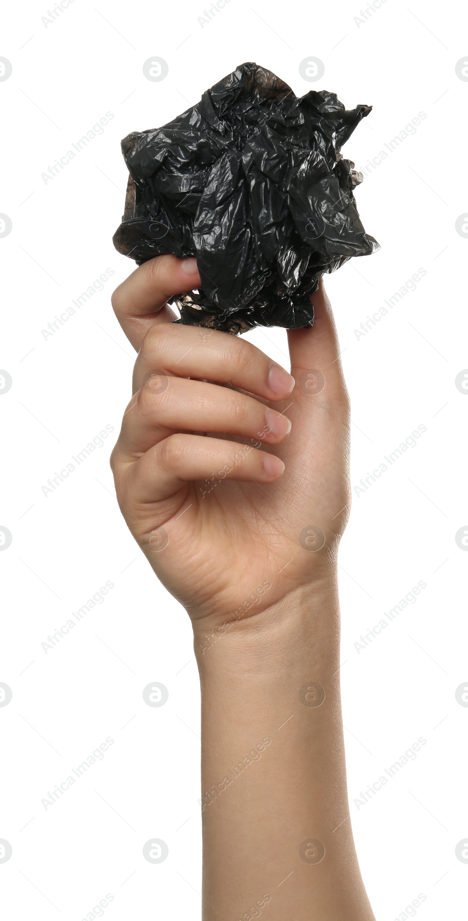 Photo of Woman holding crumpled plastic bag on white background, closeup