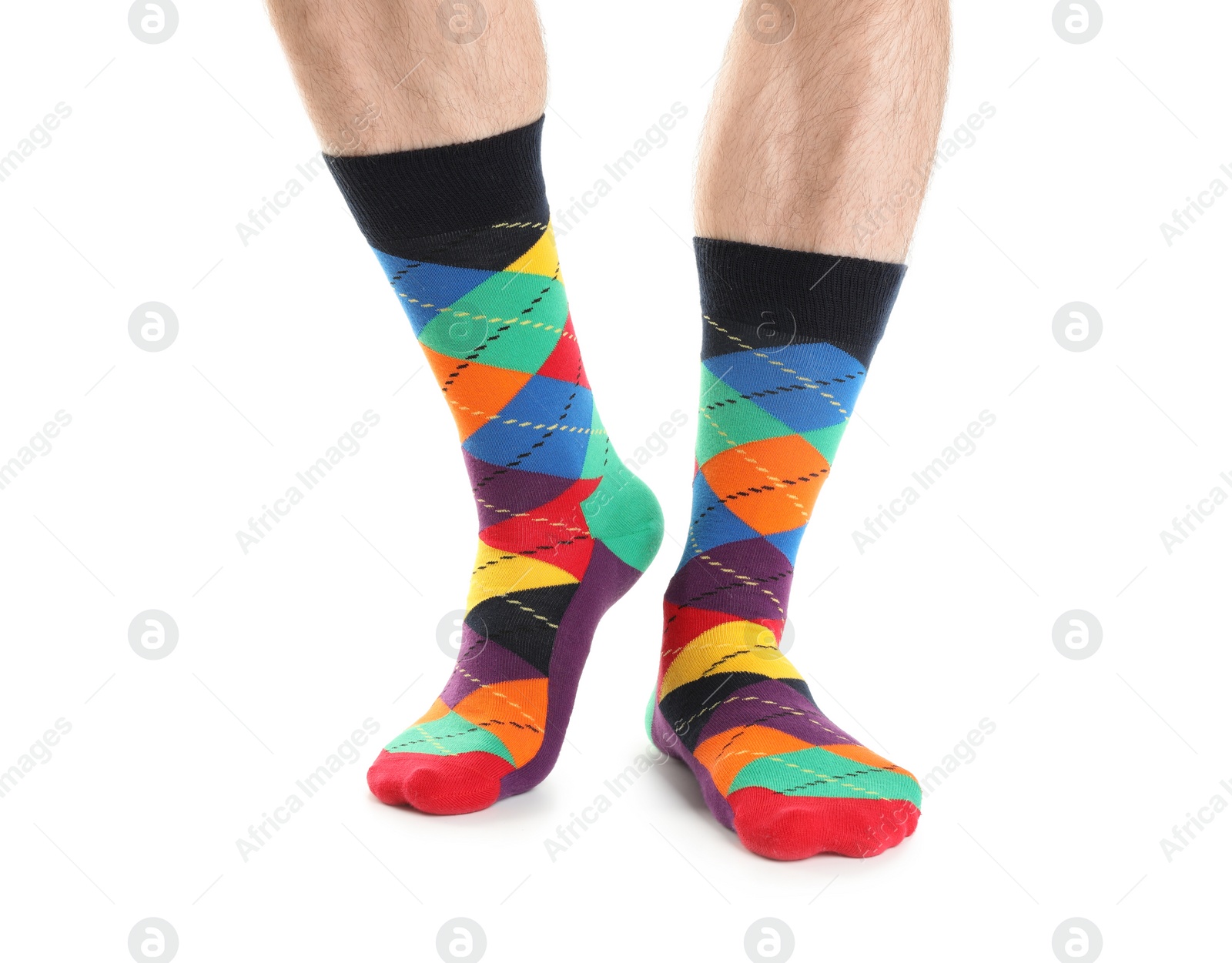 Photo of Man in stylish socks on white background, closeup