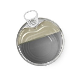 Photo of One open tin can isolated on white, top view