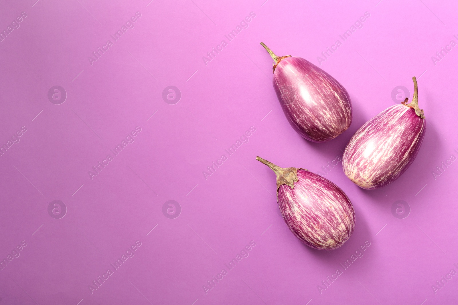 Photo of Raw ripe eggplants on violet background, flat lay. Space for text