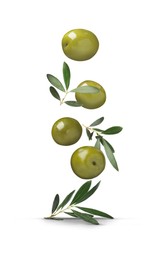 Image of Fresh olives and leaves falling on white background