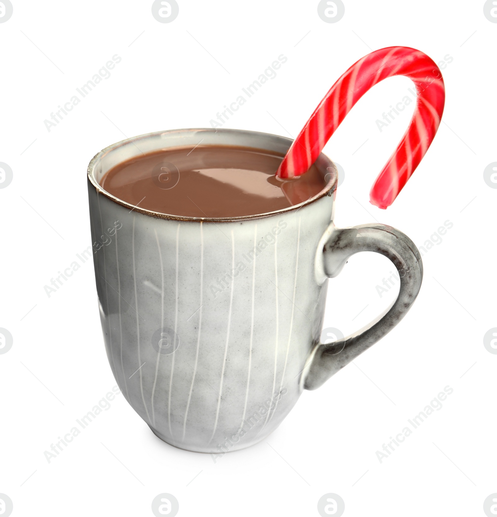 Photo of Cup of delicious hot chocolate with candy cane isolated on white