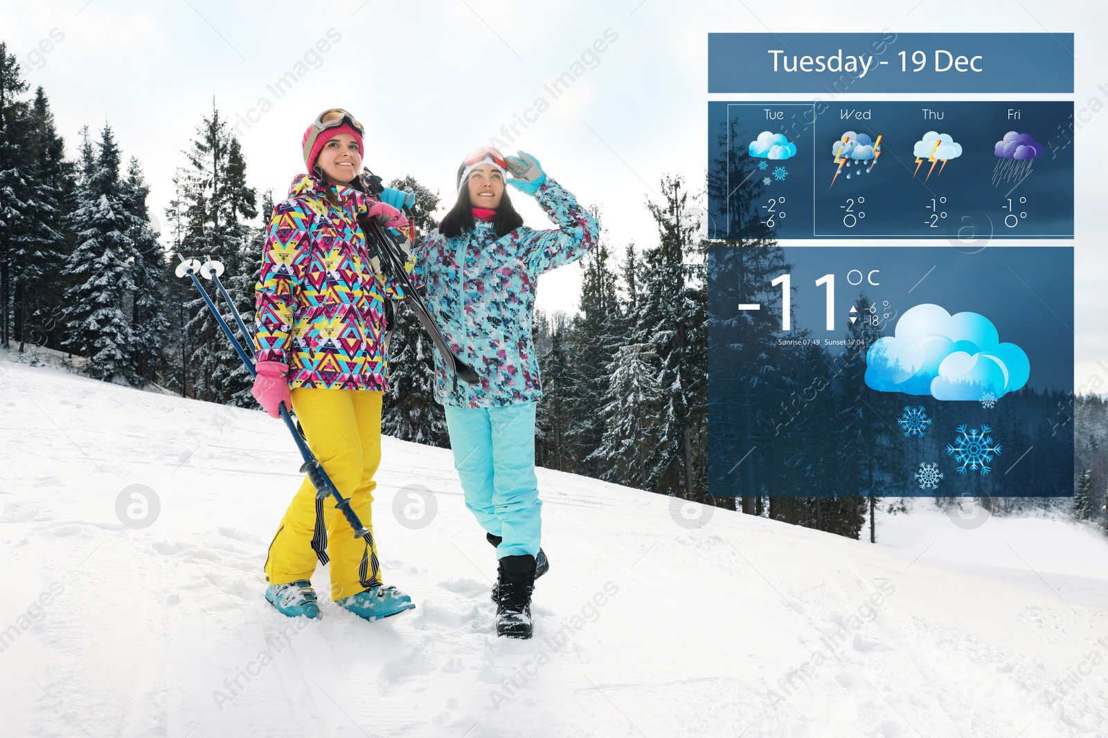 Image of Young skiers outdoors and weather forecast widget. Mobile application