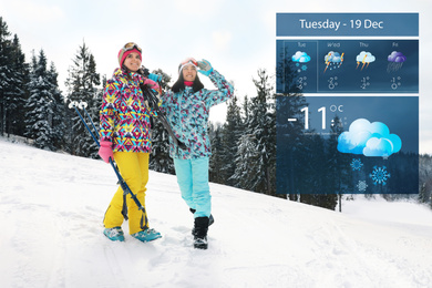 Image of Young skiers outdoors and weather forecast widget. Mobile application