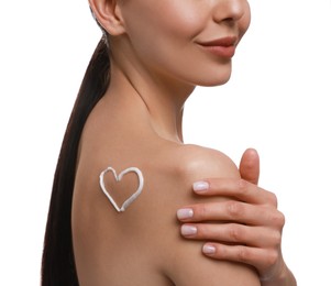 Photo of Young woman applying body cream onto her back against white background, closeup