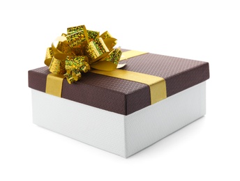 Photo of Beautiful gift box with bow on white background