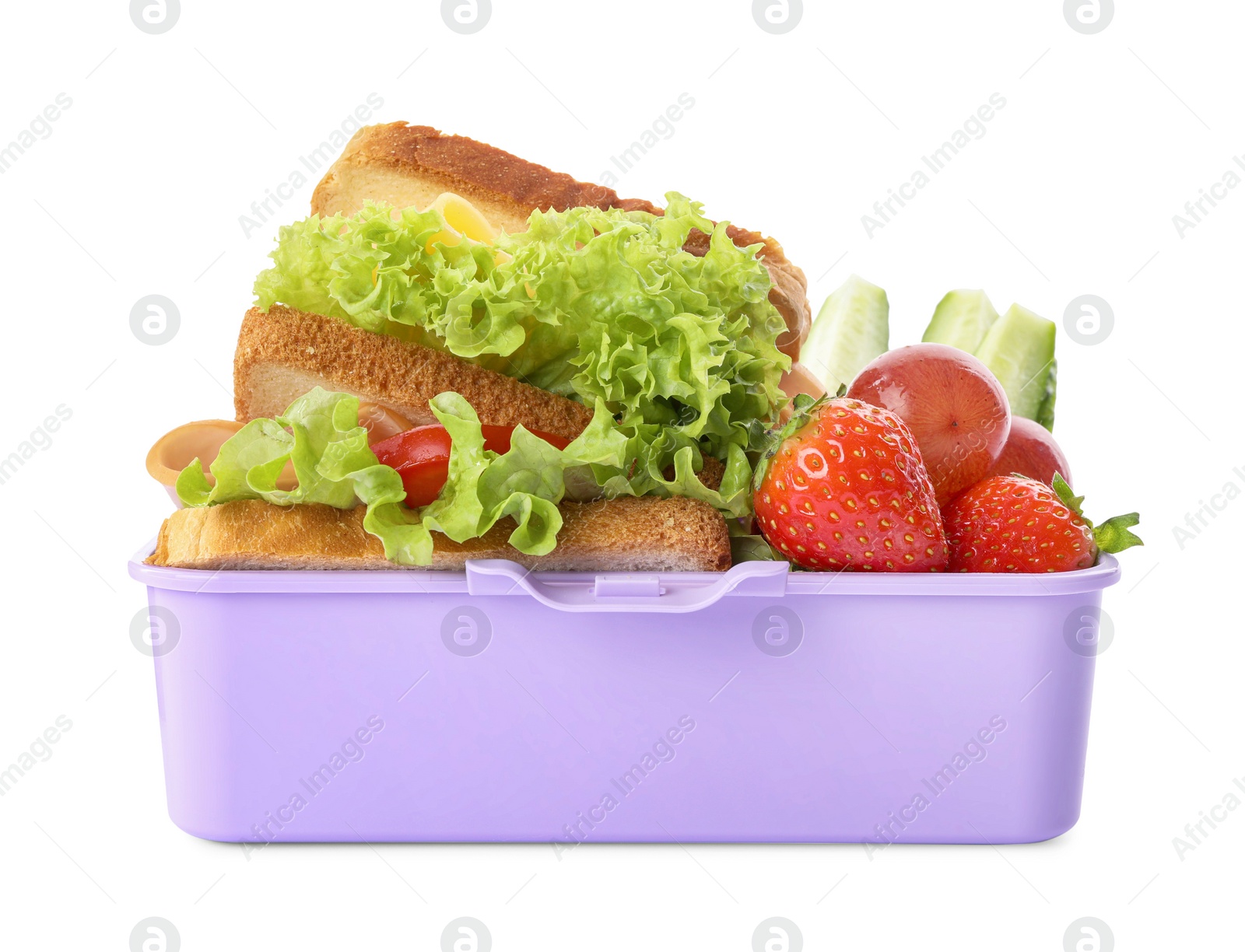 Photo of Lunchbox with tasty food on white background. School dinner